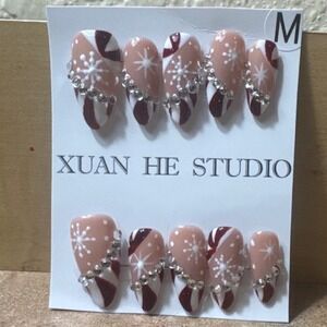 Press On Nails Medium Almond Holiday Snowflake Burgundy Rhinestone